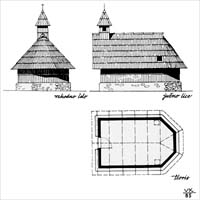 Kapela Marije Snene je prilagojena po gradivu (kamen, les) in po obliki (apsida) pastirskim stavbam na Velikem stanu (risba V. Kopa).