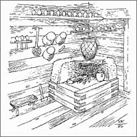 Odprto ognjie v Preskarjevi bajti. Nizko kamnito ognjie s sedounikom in lesenimi policami za suenje sirov - trniev (risba V. Kopa).