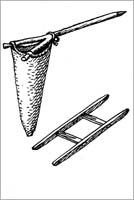 V skutenci, trikotni platneni vrei, privezanimi na rogovilasto palico, so odcejali sirotko iz skute. Leso so rabili za odcejanje sira v torilu (risba V. Kopa).
