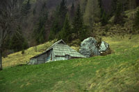 Na planini Osredek so postavili pastirsko bajto ob veliko skalo (T. Cevc, 1993).